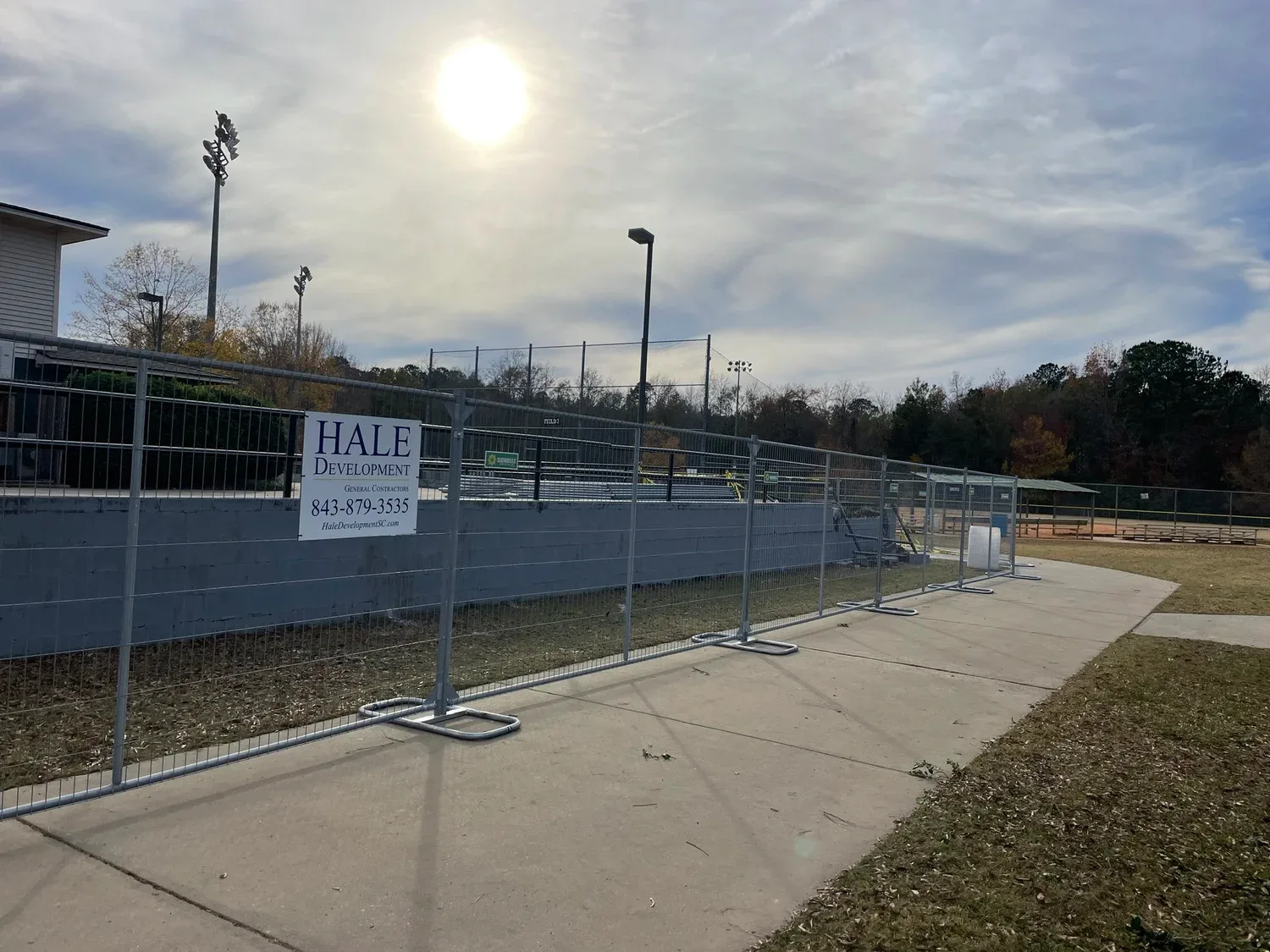 Hale Development jobsite sign at the Gahagan Park ball field project in Summerville, a community construction job