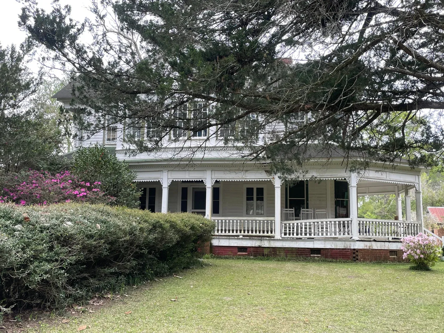 Historic two-story Lowcountry home with a wraparound porch and gingerbread trim under a large cedar — the kind of home Hale Development restores
